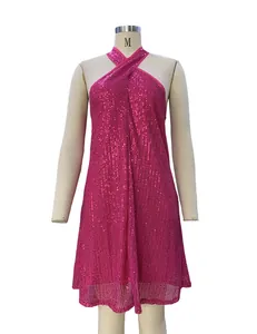 Detailed view of hot pink shimmering sequin halter neck evening party cocktail dress
