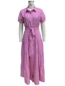 Pink and white vertical striped short sleeve tiered maxi dress with waist tie detail