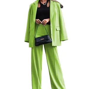 Full view of women's lime green blazer and wide-leg trousers two-piece set