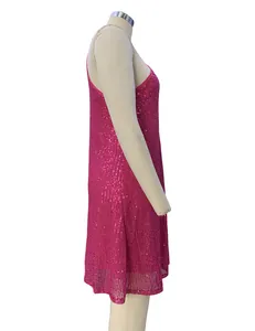 Side view detail of a sparkling pink sequined halter dress for women's party wear.