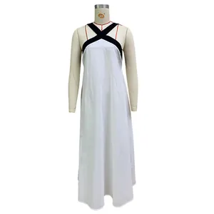 Elegant white cotton linen maxi dress with black halter criss-cross straps on mannequin