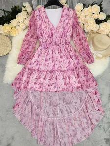 Bohemian V-neck pink floral long sleeve dress with asymmetrical high-low hem design