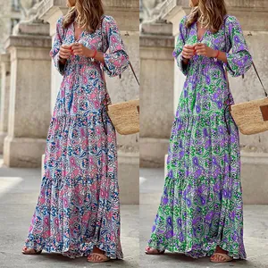 Dames Boho V-hals Lange Mouw Paisley Print Midi Jurk Vintage Losse Pasvorm Polyester Herfst Vakantie Lange Jurk