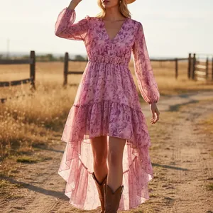 Chic bohemian V-neck floral print long sleeve dress featuring an irregular high-low hem design