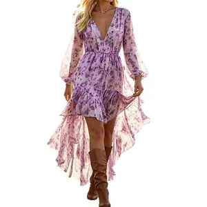 Bohemian floral print long sleeve V-neck dress with high-low hem in lavender purple