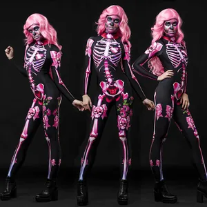 Three-view detail of women's skeleton jumpsuit with pink bow and flower accents