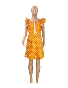 Front view of a yellow polka dot mini dress with ruffle sleeves on a mannequin.