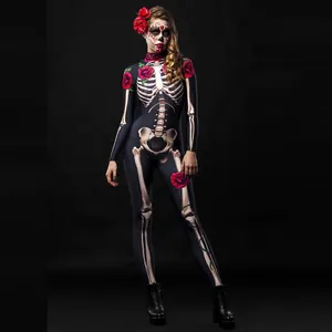 Tuta da scheletro per Halloween da donna con stampa di rose rosse su spandex nero