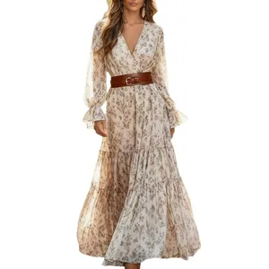 Elegant floral V-neck bohemian maxi dress featuring long sleeves and a brown waist belt