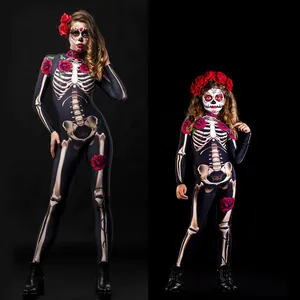 Tuta da Donna e Bambini Halloween Scheletro Rosa Stampa Cosplay Manica Lunga Body Costume Giorno dei Morti Festa Tuta