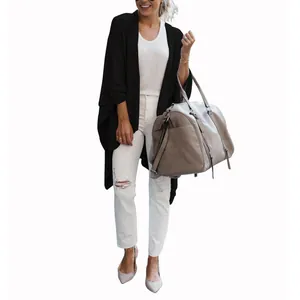 Fashionable black mid-length knit cardigan with an irregular hem for a loose fit