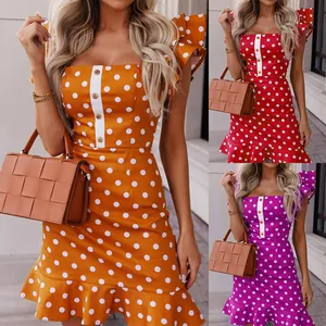 Women Sexy Polka Dot Mini Dress Flutter Sleeve Square Neck High Waist Bodycon Summer Dress Elegant Party Vacation Sundress