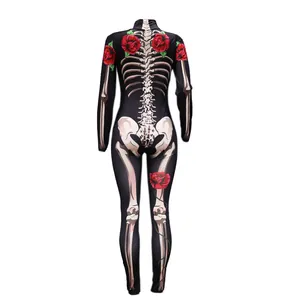 Tuta intera nera con stampa di scheletro e rose per cosplay di Halloween.