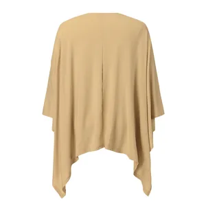 Detailed back view of loose khaki knit cardigan with a stylish asymmetric hem.
