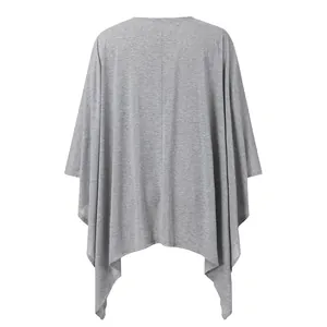 Detailed back view of women's heather gray knitted cardigan with irregular hem