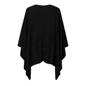 Back view of black knit cardigan with loose fit and irregular asymmetrical hem design