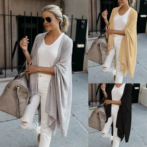 Women's Mid-long Knit Cardigan Loose Irregular Hem Solid Color 7/10 Sleeve Open Front Sweater Outerwear Autumn Winter