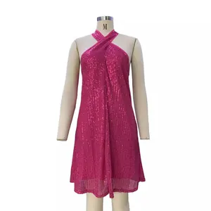 Fashionable pink sequined halter dress with backless design for summer party wear