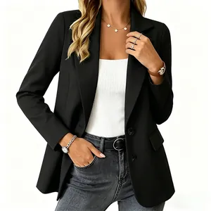 Detail view of a professional black loose-fit blazer for stylish office women