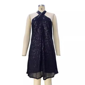 Elegant black sequined halter neck mini dress with a shimmering finish for evening parties