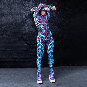Detailansicht des bunten Damen-Skelett-Overalls für Halloween-Cosplay-Kostüme