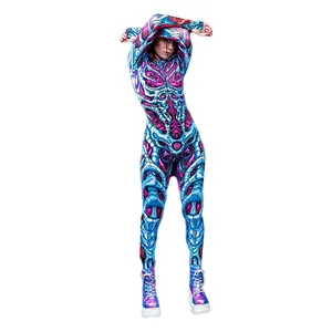 Damen-Bodysuit mit futuristischem Skelettdruck für Halloween Horror-Zombiekostüm