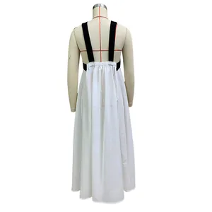Back view detail of white cotton linen maxi dress with black straps and elastic waist