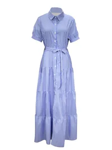 Blue and white striped tiered maxi shirt dress with collar and waist belt detail.