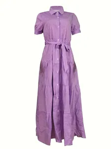 Elegant purple striped short-sleeved tiered midi dress with collar and waist tie