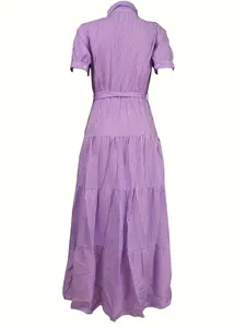 Back view of a fashionable purple striped short sleeve tiered maxi dress with waist belt