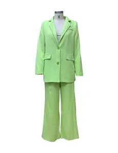 Front view of lime green long-sleeve casual blazer and wide-leg trousers set on mannequin