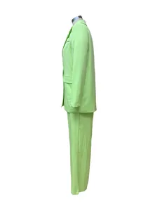 Side view of a lime green women's two-piece casual blazer and trousers suit
