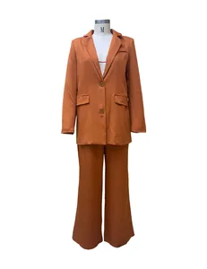 Solid burnt orange women's two-piece leisure suit with blazer and wide-leg pants