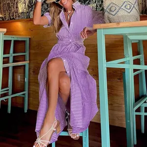 Elegant purple and white striped short sleeve midi dress with waist tie for women