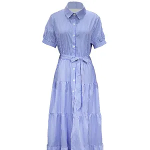 Elegant women's blue and white vertical striped button-down dress with waist tie