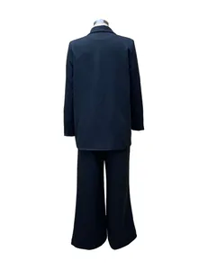 Back view of classic black long-sleeve casual blazer and wide-leg pants suit set