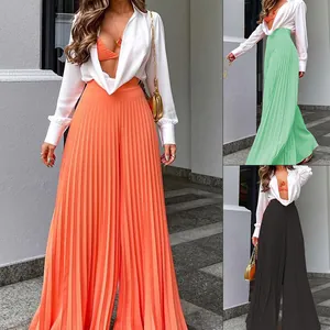 Damen Elegant Hohe Taille Plissiert Hose Mit Weitem Bein Einfarbig Lange Unterseite Pendler Stil Trendige Fließende Hose