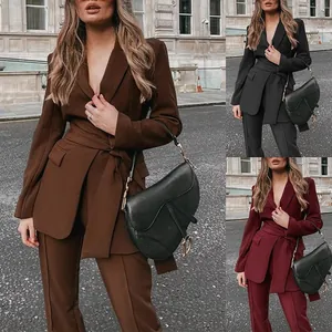 Drie kleuren dames herfst winter blazer en pantalon set met strikceintuur streetstyle