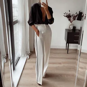 Dames Mode Contrast Streep Rechte Pijp Broek Hoge Taille Kantoor Pantalon Zijstreep Casual Dames Zomerkleding