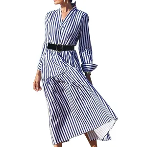 Detailed view of an elegant blue and white striped V-neck midi dress with a black belt