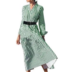 Close-up of green and white striped long sleeve V-neck midi dress with belt