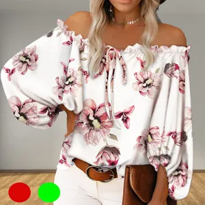 Women Off Shoulder Floral Print Long Sleeve Top Sexy Lantern Sleeve Polyester Casual Loose Blouse T-Shirt Autumn Fashion
