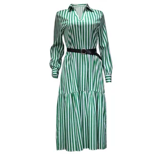 Full view of green and white striped long-sleeve dress with a black belt and V-neck