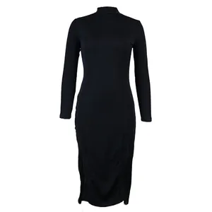 Elegant black mock neck long sleeve ribbed midi dress featuring stylish double front slits.