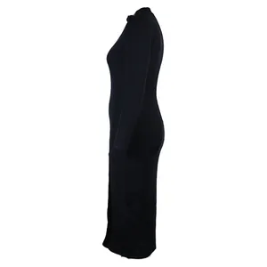 Side profile of a slim black ribbed long-sleeve dress with a stylish high neck