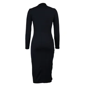Back view of a black long-sleeved ribbed bodycon dress with a high collar design