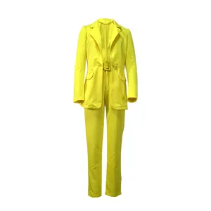 Fashionable yellow two-piece suit set for women with blazer and matching pants