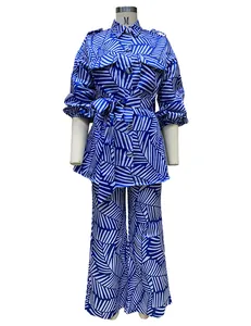 Full view of women's blue leaf print long sleeve top and straight pants two-piece set