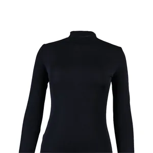 Detail shot showing the black ribbed fabric of this mock neck long sleeve dress