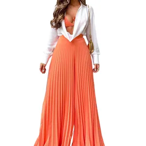 Elegante orangefarbene plissierte Hose mit hoher Taille und weitem Bein für Damen